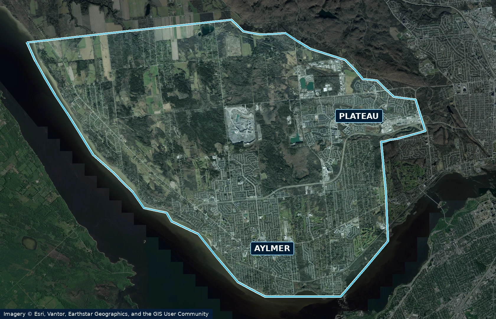 Satellite view with the service boundary traced from Aylmer Snow Removal’s existing coverage map